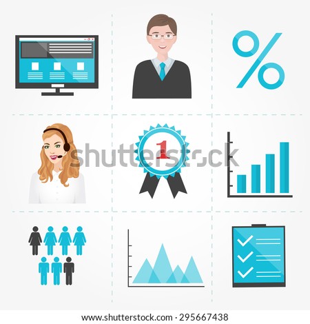 Business icon. Finance design element. Business symbol. Vector illustration of business man, woman, computer, graph, business people, call center girl.