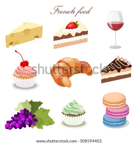 Set of french food and drink. Croissant, red wine and cheese isolated on white background. Vector illustration of drink and food. Logo design or menu element.
