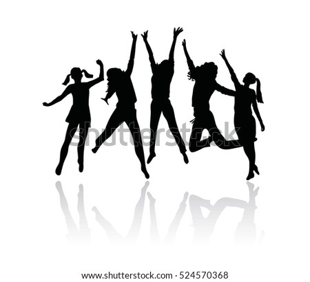 People silhouette jumping. Girls and women jumping and raising hands up.  Vector illustration isolated n white background. 