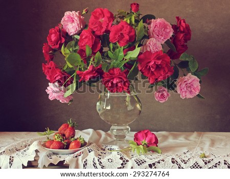 Still life with roses and strawberry