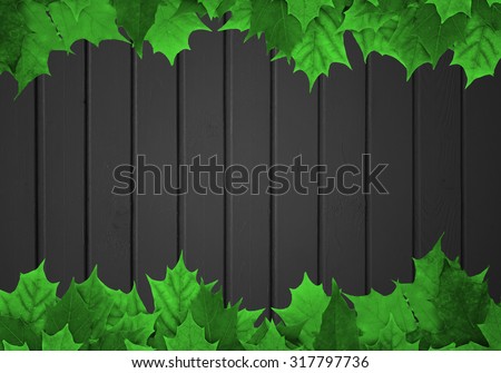Gloomy Gothic background from dark boards and poisonous-green leaves from above and from below.