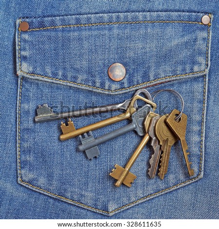 Bunch of keys against a pocket of blue jeans. Concept a key in a pocket.