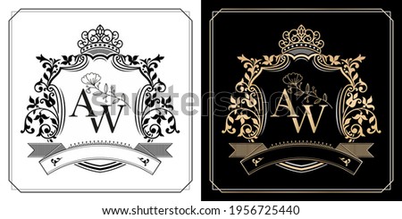 AW initial letter with royal crown of monarch, AW royal emblem with crown, initial letter and graphic name Frames Border of floral designs with two variation color for insignia and monogram logo.