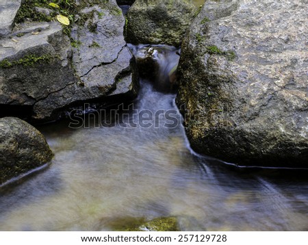 Water rushing by a rock in a river forming a smooth, abstract, painted appearing pattern.