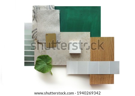Top view moodboard. Material samples. Green, stone, wood.          商業照片 © 