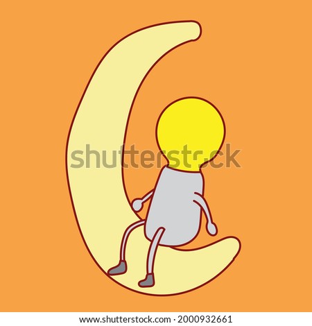 cartoon mascots of glowing light bulb characters sitting contemplating on the crescent moon