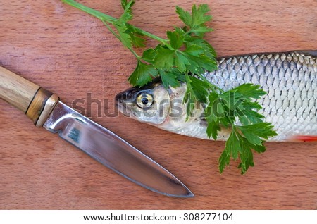 fish, parsley leaves and carving knife on the board