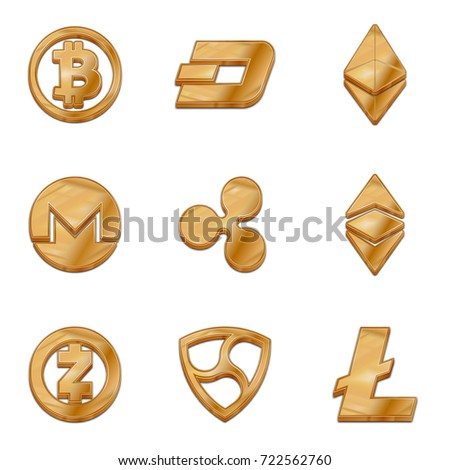 Golden crypto currency symbol isolated vector icon set. Cryptocurrency illustration, trendy 3d style sign collection. Bitcoin, Ethereum, Ethereum classic, Dash, Litecoin, Monero, Nem, Ripple, Zcash.