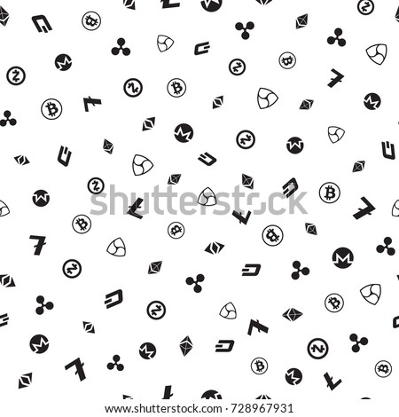 Cryptocurrency seamless pattern. Crypto currency background. Bitcoin, Ethereum, Ethereum classic, Dash, Litecoin, Monero, Nem, Ripple, Zcash. Vector illustration.