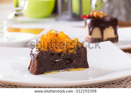 Chocolate cake with orange jam topping