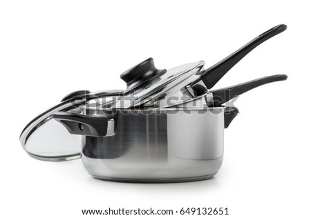Stainless steel pots and pans isolated on white Foto stock © 
