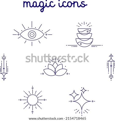 
Magic icons for illustration, website, yoga or packaging. Stars, moon, sun, eye of the Oracle, lotus and peace.