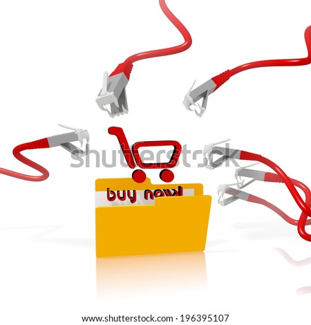 a 3d file folder with a red buy now in it isolated on white background is attacked and hacked by network cables