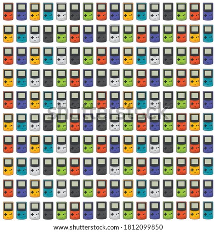 A pattern of some portable videogames in different colors, very colorful. Videogame icon in flat design. Classic 90s. Game Boy color.