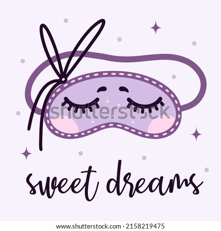 Sleep mask vector icon. Cute night wear with painted closed eyes, eyelashes. Cozy accessory for evening relaxation, dreams. Flat cartoon style, hand drawn doodle. Eye rest mask