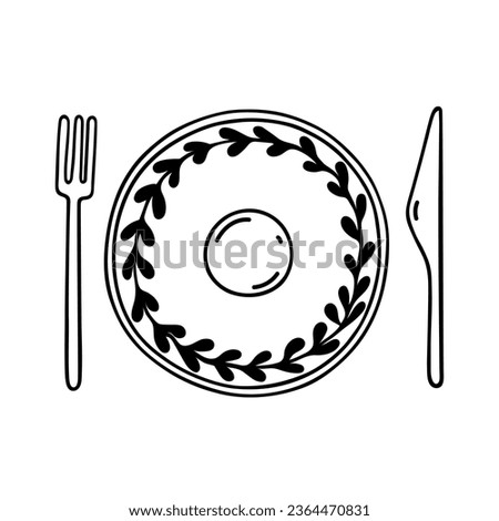Plate, knife and fork vector icon. Table setting for wedding, party, holiday. Cute vintage tableware with leaf pattern. Hand drawn doodle isolated on white. Cutlery top view. Clipart for menu, print