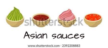 Asian sauces vector set. Pickled ginger, wasabi paste, sriracha, soy sauce. Salty and spicy condiments for sushi, seafood. Tasty hot gravies in wooden saucer. Flat cartoon clipart for print, menu, web