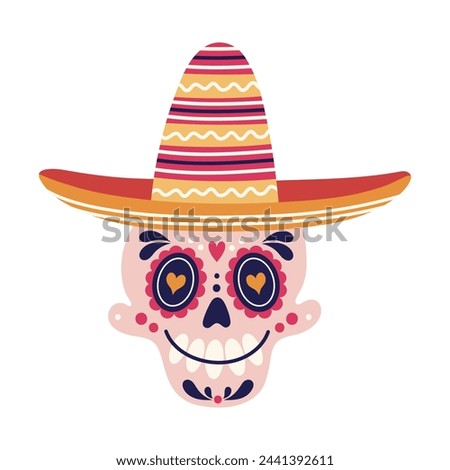 Mexican sugar skull vector illustration. Human head with a painted ornament, wearing a sombrero hat. Smiling face, funny mask for Cinco de Mayo, Day of the Dead. Scary bone, isolated colorful doodle