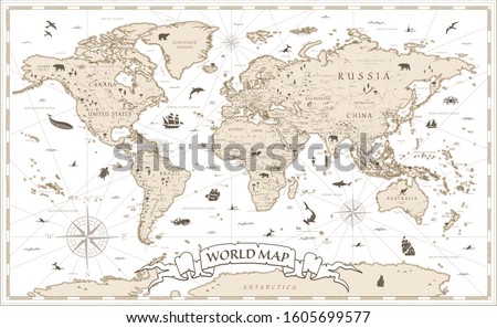 World Map Vintage Cartoon Detailed - vector with layaers