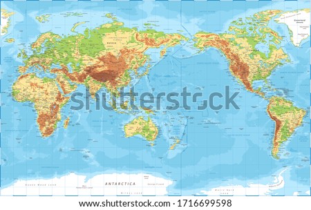 World Map Pacific China Asia View - Physical Topographic - Vector Detailed Illustration