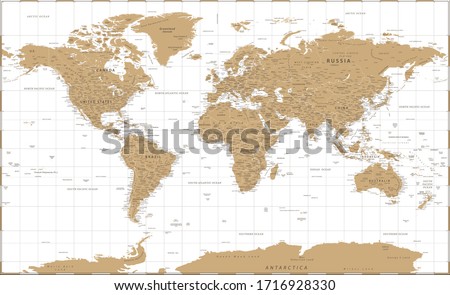 World Map Vintage Golden Political - Vector Detailed Illustration