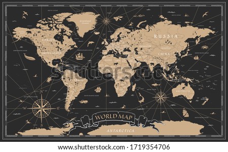 World Map Vintage Black Golden Detailed - Vector