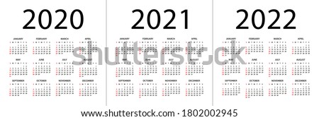 Calendar 2020 2021 2022 - illustration. Week starts on Sunday. 