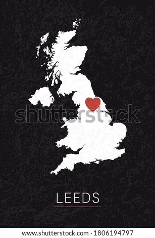 Love Leeds Picture. Map of United Kingdom with Heart as City Point. Vector Stock Illustration