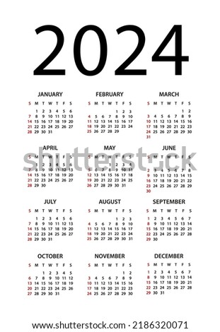 Calendar 2024 year - vector illustration. Week starts on Sunday. Calendar Set for 2024 year