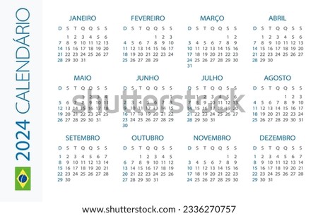 Calendar 2024 year Horizontal - vector illustration. Brazilian version