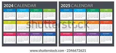 2024, 2025 Calendar - illustration. Template. Mock up Week starts Sunday