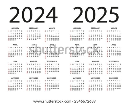 Calendar 2024, 2025 year - vector illustration. Week starts on Sunday. Calendar Set for 2024, 2025 years