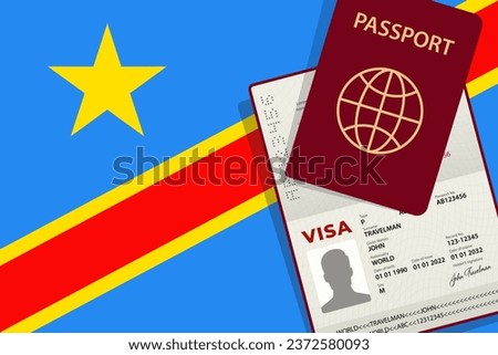 Visa to Democratic Republic of Congo and Passport. Congolese Flag Background. Vector