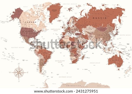 World Map - Highly Detailed Vector Map of the World. Ideally for the Print Posters. Brown Beige White Colors