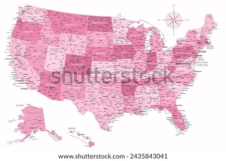 United States - Highly Detailed Vector Map of the USA. Ideally for the Print Posters. Pink Rose White Colors