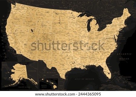 United States - Highly Detailed Vector Map of the USA. Ideally for the Print Posters. Black Golden Retro Style