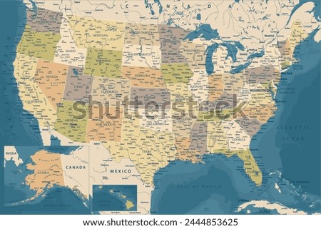 United States - Highly Detailed Vector Map of the USA. Ideally for the Print Posters. Dark Blue Golden Beige Retro Style