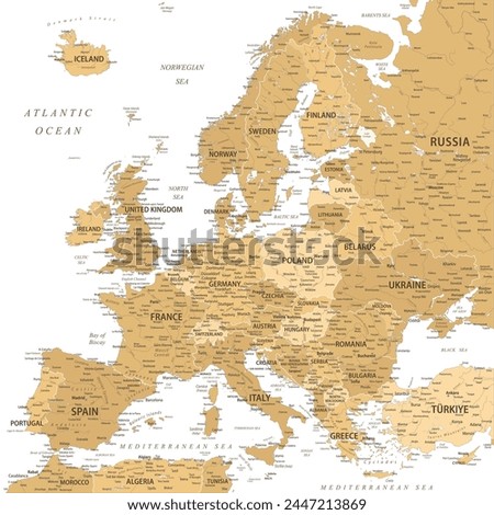 Europe - Highly Detailed Vector Map of the Europe. Ideally for the Print Posters. Golden Spot Beige Retro Style