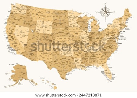 United States - Highly Detailed Vector Map of the USA. Ideally for the Print Posters. Golden Spot Beige Retro Style