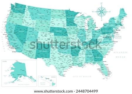 United States - Highly Detailed Vector Map of the USA. Ideally for the Print Posters. Turquoise Blue Green Spot Beige Retro Style