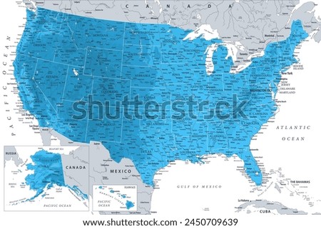 United States - Highly Detailed Vector Map of the USA. Ideally for the Print Posters. Sapphire Blue Green Grey Colors. Relief Topographic