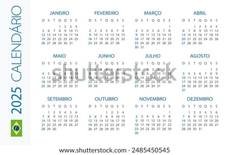 Calendar 2025 year Horizontal - vector illustration. Brazilian version