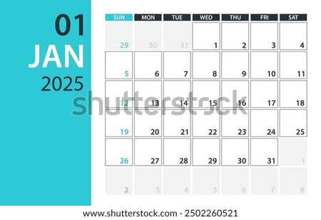 January 2025 Calendar Planner - Vector. Template Mock up