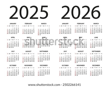 Calendar 2025, 2026 year - vector illustration. Week starts on Sunday. Calendar Set for 2025, 2026 years