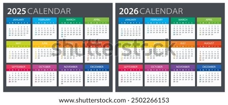 2025, 2026 Calendar - illustration. Template. Mock up Week starts Sunday