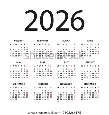 Calendar 2026 year - vector illustration. Week starts on Monday. Calendar Set for 2026 year