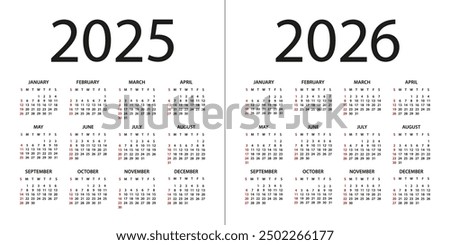 Calendar 2025, 2026 year - vector illustration. Week starts on Sunday. Calendar Set for 2025, 2026 years