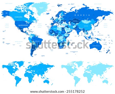 Blue World Map - borders, countries and cities - illustration World maps with different specification. 1 - highly detailed: countries, cities, water objects 2 - country contours 3 - world contours 