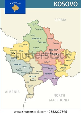 Kosovo Map Vector New 2024 Colorful - Customizable layered political map of Kosovo with administrative divisions for website, education, reports, news, politics, print, poster and wallpaper