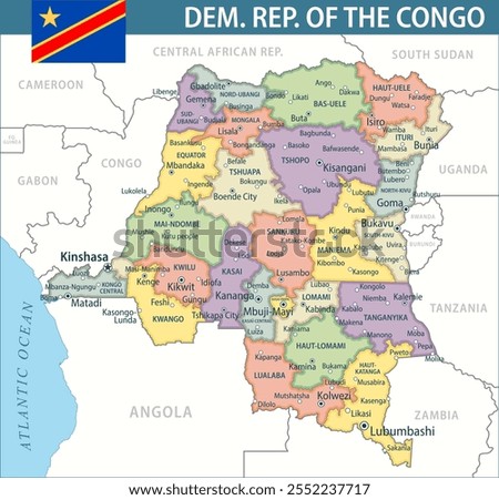 Democratic Republic of the Congo Map Vector New 2024 Colorful - Customizable layered political map of Democratic Republic of the Congo with administrative divisions for website, education, reports